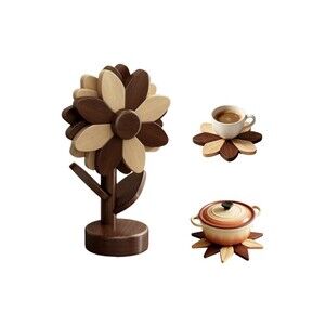 Wooden Trivets for Hot Dishes 3 Pc Foldable Sunflower Coaster Set w/ Stand